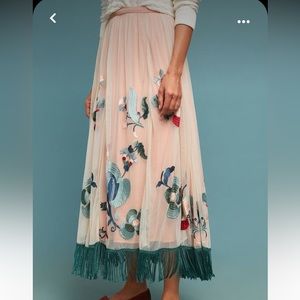 Anthro Akemi + Kin Pink Maxi Skirt Embroidered Fringed-Hem Tulle Floral Size